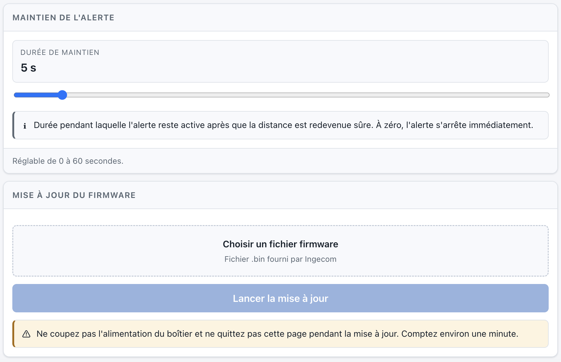Réglage du maintien de l'alerte et mise à jour du firmware